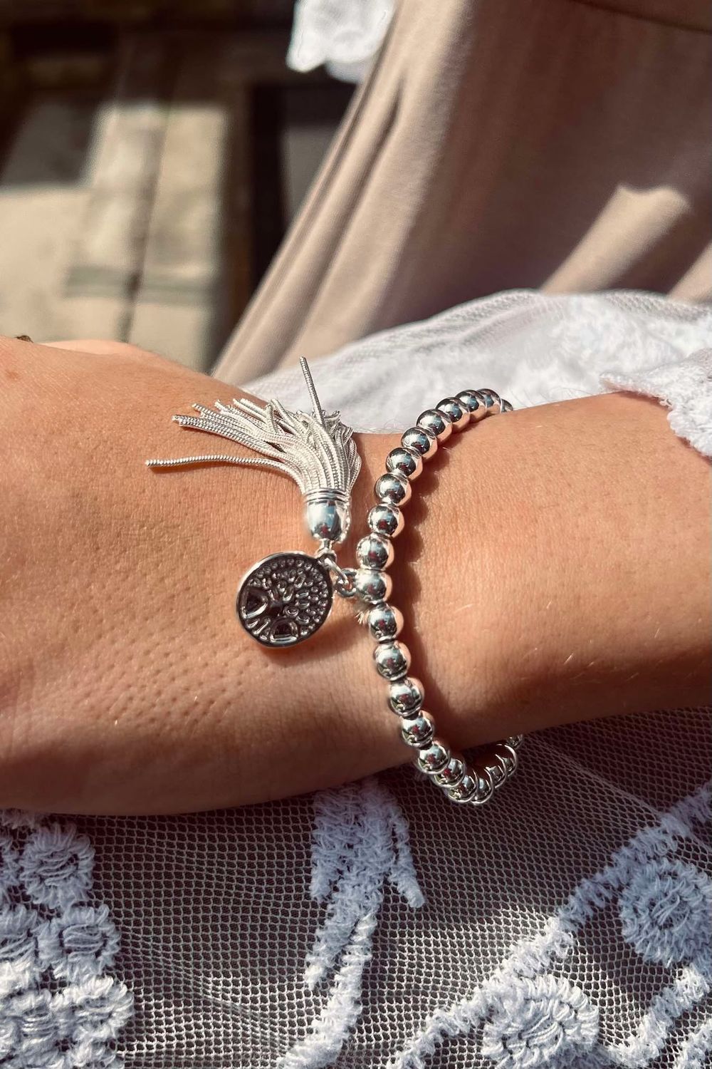 Free Spirit Stretch Stacker Bracelet Tree of Life Tassel Silver