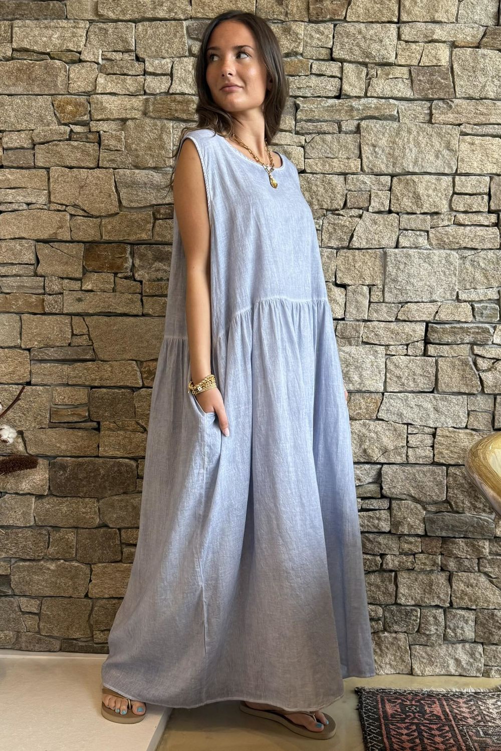 Lenni Cotton Smock Dress Washed Denim