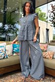 Agnes Cotton Gingham Wide Leg Pant Navy