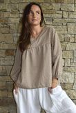 Arbi Gingham Peasant Smock Blouse Hazelnut