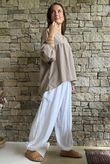 Arbi Gingham Peasant Smock Blouse Hazelnut