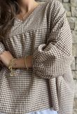 Arbi Gingham Peasant Smock Blouse Hazelnut