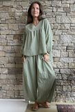 Arbi Gingham Peasant Smock Blouse Olive