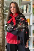 Babushka Folke Embroidery Shawl Scarf Black
