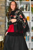 Babushka Folke Embroidery Shawl Scarf Black