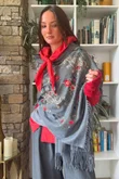 Babushka Folke Embroidery Shawl Scarf Grey Marl