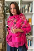 Babushka Folke Embroidery Shawl Scarf Hot Pink