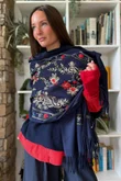 Babushka Folke Embroidery Shawl Scarf Navy