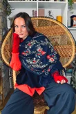 Babushka Folke Embroidery Shawl Scarf Navy
