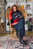 Babushka Folke Embroidery Shawl Scarf Navy