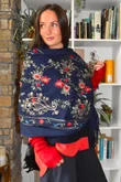 Babushka Folke Embroidery Shawl Scarf Navy