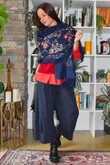 Babushka Folke Embroidery Shawl Scarf Navy