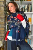 Babushka Folke Embroidery Shawl Scarf Navy