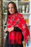 Babushka Folke Embroidery Shawl Scarf Rouge