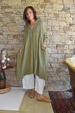 Dusk Bubble Cotton Teabag Smock Dress Olive
