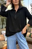 Essential Body Stretch Cotton Collar & Cuff Shirt Black `
