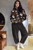 Kit Camo Sherpa Funnel Neck Bomber Jacket Coffee Bean
