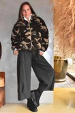 Kit Camo Sherpa Funnel Neck Bomber Jacket Khaki