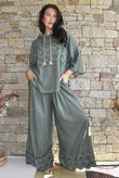 Lin & Lace Linen Blend Wide Leg Pants Washed Moss