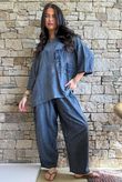 Lindin Linen Blend Crochet Flower Barrel Pant Washed Navy