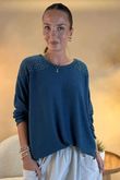 Made in Italy Fifi Lace Shoulder Fine Knit Top Teal /6 =
