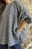 Nonni Gingham Bell Sleeve Peasant Blouse Navy