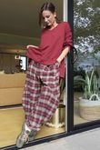 Patrick Plaid Brushed Cotton Barrel Pant Burgundy