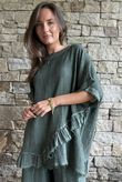 Rustic Nature Bubble Cotton Raw Frill Top Washed Moss