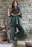 Rustic Nature Bubble Cotton Slant Frill Pant Washed Moss