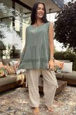 Sicily Pure Cotton Button Tiered Tank Top Khaki /11 =