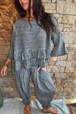 Sundaze Cheesecloth Chalk Stripe Frill Top Charcoal