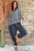 Sundaze Cheesecloth Chalk Stripe Frill Top Charcoal