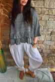 Sundaze Cheesecloth Chalk Stripe Frill Top Charcoal