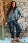Sundaze Cheesecloth Chalk Stripe Frill Top Charcoal