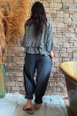 Sundaze Cheesecloth Chalk Stripe Frill Top Charcoal