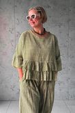Sundaze Cheesecloth Chalk Stripe Frill Top Olive
