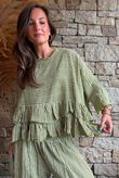 Sundaze Cheesecloth Chalk Stripe Frill Top Olive