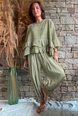 Sundaze Cheesecloth Chalk Stripe Frill Top Olive