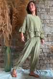 Sundaze Cheesecloth Chalk Stripe Frill Top Olive