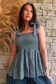 Sundaze Cheesecloth Chalk Stripe Tie Shoulder Top Charcoal