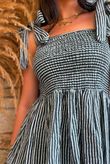 Sundaze Cheesecloth Chalk Stripe Tie Shoulder Top Charcoal