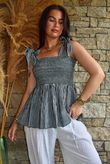 Sundaze Cheesecloth Chalk Stripe Tie Shoulder Top Charcoal