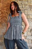Sundaze Cheesecloth Chalk Stripe Tie Shoulder Top Charcoal
