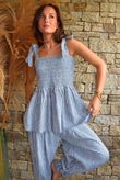 Sundaze Cheesecloth Chalk Stripe Tie Shoulder Top Denim