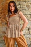 Sundaze Cheesecloth Chalk Stripe Tie Shoulder Top Hazelnut