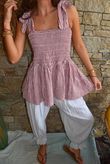 Sundaze Cheesecloth Chalk Stripe Tie Shoulder Top Indian Pink