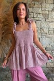 Sundaze Cheesecloth Chalk Stripe Tie Shoulder Top Indian Pink