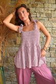 Sundaze Cheesecloth Chalk Stripe Tie Shoulder Top Indian Pink