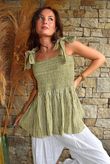 Sundaze Cheesecloth Chalk Stripe Tie Shoulder Top Olive