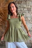 Sundaze Cheesecloth Chalk Stripe Tie Shoulder Top Olive